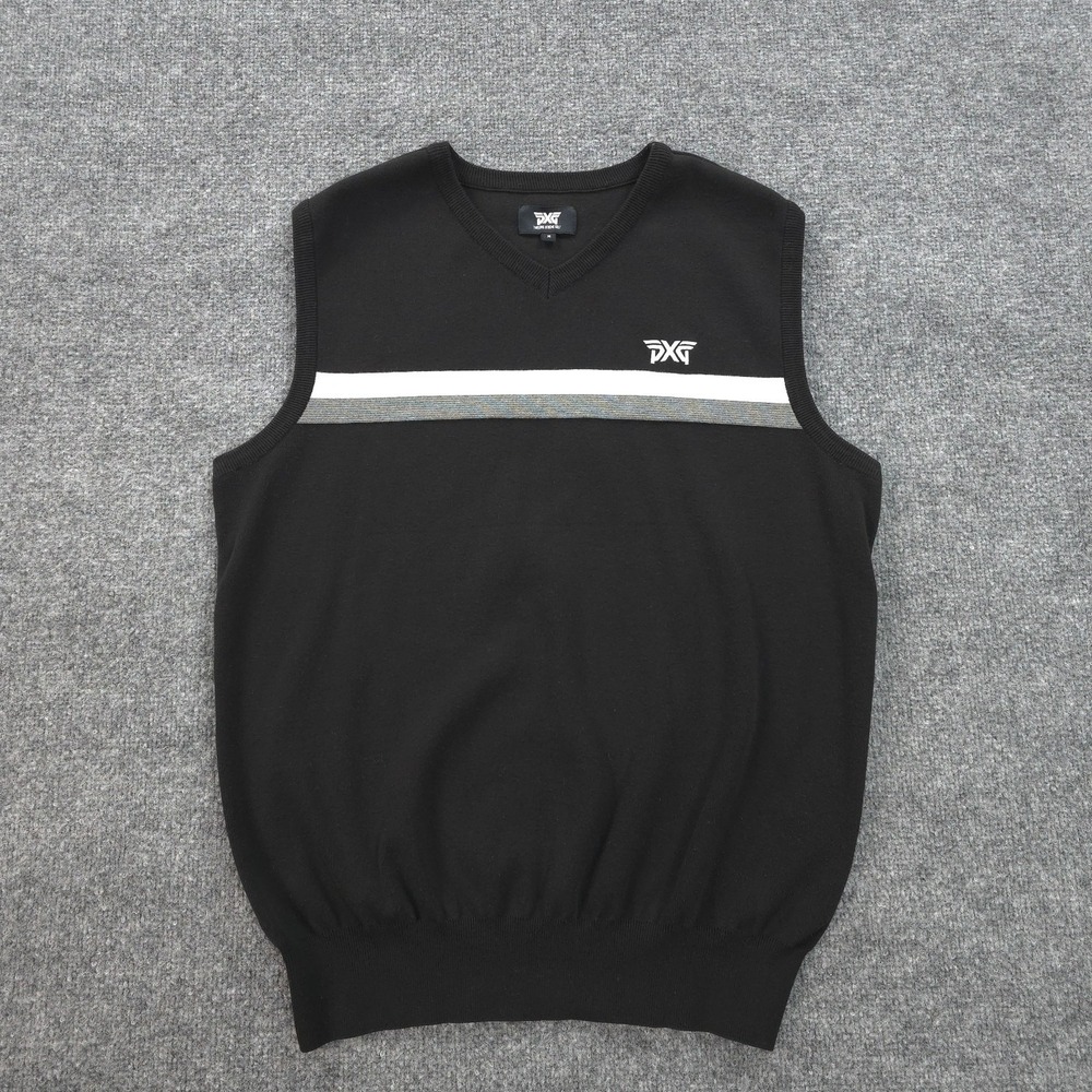 PXG Black V-Neck Sweater Vest with White and Gray Stripe